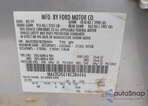 2019 Ford Ecosport Se из США, поврежденный, VIN MAJ3S2GE1KC284444